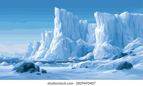 Stunning Arctic Winter Landscape with Towering Icebergs and Frozen Ocean