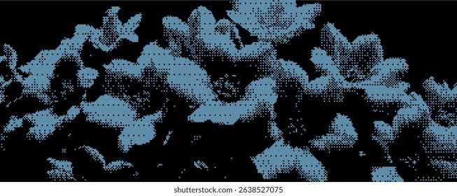 A stunning arrangement of flowers showcases intricate textures and patterns, rendered in various shades of blue. Bitmap overlay bg with pixel effect 