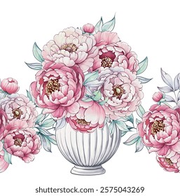 A stunning arrangement of soft pink peonies bursting from a classic vase, exuding the warmth of spring and natures grace seamless pattern, ornament