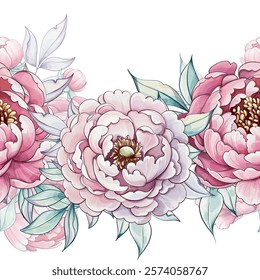 A stunning array of watercolor peonies displays a blend of soft pinks and whites, celebrating the beauty of spring and natures elegance seamless pattern, ornament