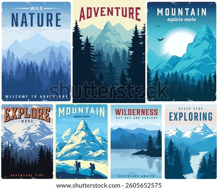 Stunning artistic representations of mountain landscapes showcasing lush forests and majestic peaks. Each design invites viewers to embrace adventure and explore nature's wonders.