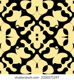 Stunning background in black and yellow, showcasing an intricate design influenced by damask patterns. The seamless symmetry adds elegance to this art nouveau inspired creation.