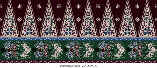 A stunning batik design combining intricate floral and bird motifs with a modern geometrical touch