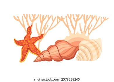 A Stunning and Beautiful Collection of Coral and Seashells Featuring Starfish and Seaweed Vector illustration on white background