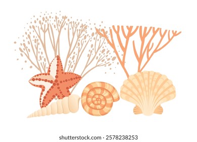 A Stunning and Beautiful Collection of Coral and Seashells Featuring Starfish and Seaweed Vector illustration on white background