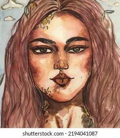 Stunning beautiful vector portrait in a watercolor style. Girl with flowers on her hair and face.