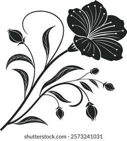 A stunning black silhouette of a flower featuring intricate, flowing details. The design showcases a fully bloomed flower with layered petals adorned with delicate internal lines. The flower's stem is