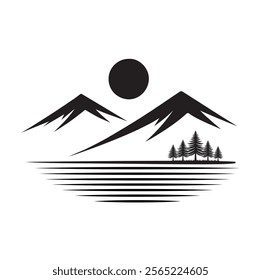 A stunning black silhouette vector of a rocky mountain range with snowy peaks, a serene sun, and pine trees. Capturing adventure, tranquility, and wilderness, it's perfect for scenic emblems outdoor