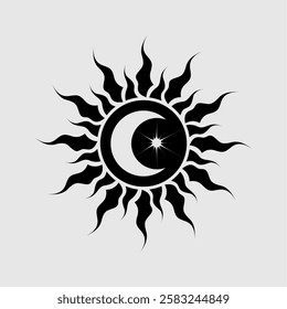 A stunning black tribal sun and moon symbol with flame-like rays. Perfect for tattoos, mystical designs, astrology, and spirituality. Represents balance, cosmic energy, and celestial harmony