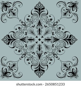A stunning black and white floral mandala design set against a soft blue background. This intricate pattern features swirling motifs and ornate details, making it ideal for wallpapers, textiles.