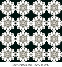 Stunning black and white floral seamless pattern with overlaid chrysanthemums and damask border, perfect for high-end digital tea towels or elegant party invitations.