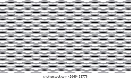 Um impressionante fundo de ilusão óptica preto, branco e cinza com ondas elípticas horizontais que parecem brilhar ou mudar.