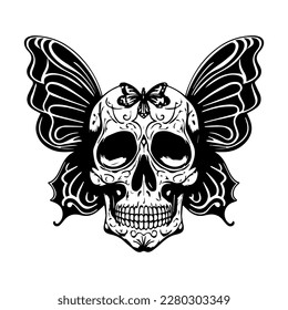 A stunning black and white line art illustration of a skull with a butterfly body, intricately Hand drawn to capture its beauty and mystery