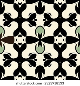 Stunning black and white pattern featuring elegant green leaves, reminiscent of art nouveau designs, suitable for floors or decorative elements.