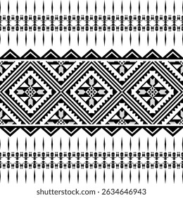 A stunning black and white seamless background featuring a geometric ethnic pattern. This symmetrical design with unique tribal motifs is perfect for various creative projects such as textiles, wallpa
