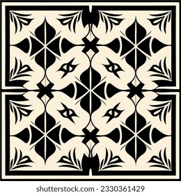 Stunning black and white tile design drawing inspiration from Persian aesthetics and damask patterns, meticulously crafted as a vector art panel suitable for CNC plasma cutting.