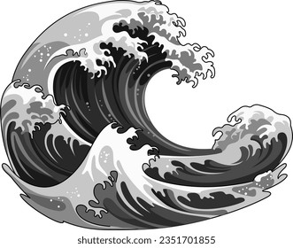 A stunning black and white vector illustration of a traditional Japanese wave