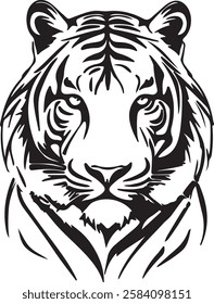 "Stunning black and white vector illustration of a tiger's head, perfect for logos, tattoos, and artwork. This highly detailed design captures the majestic and fierce essence of a tiger with intricate