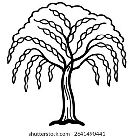 A stunning black and white vector illustration showcases a graceful weeping willow tree. This elegant silhouette captures the essence of nature,