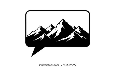 Uma impressionante ilustração vetorial preto e branco com uma majestosa paisagem de pico de montanha aninhada dentro de uma bolha de bate-papo. Este design único evoca um senso de aventura e exploração, perfeito para