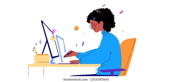 Una mujer negra impresionante trabaja duro en su computadora. Sentada en su escritorio. El trabajo atrasado, el trabajo duro. Vista lateral. Ilustración vectorial vibrante contemporánea. Plano y línea de moda. 