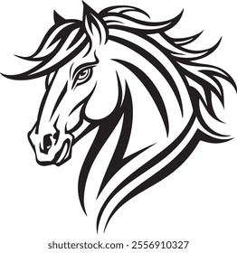 A stunning black-and-white tribal-style illustration of a horse's head, designed with flowing, dynamic lines in the mane to convey movement and grace.