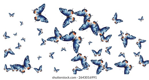Stunning blue butterflies with orange accents on a white background. A perfect choice for nature inspired designs, invitations, wallpapers, and decor. High-quality, vibrant, and eye catching artwork.