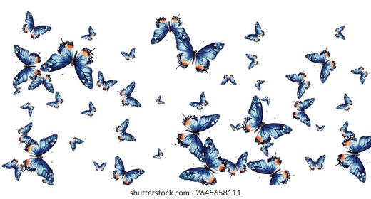 Stunning blue butterflies with orange accents on a white background. A perfect choice for nature inspired designs, invitations, wallpapers, and decor. High-quality, vibrant, and eye catching artwork.