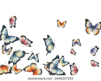 Stunning blue butterflies with orange accents on a white background. A perfect choice for nature-inspired designs, invitations, wallpapers, and decor. High-quality, vibrant, and eye-catching artwork.