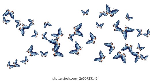 Stunning blue butterflies with orange accents on a white background. A perfect choice for nature inspired designs, invitations, wallpapers, and decor. High-quality, vibrant, and eye catching artwork.