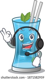 A stunning blue hawai cocktail mascot character concept wearing headphone