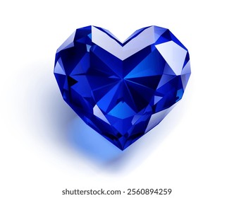 A stunning blue heart-shaped gemstone with a deep, captivating color and beautifully cut facets that reflect light brilliantly. With soft shadow on white background.
