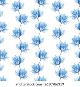 Stunning blue lotus flowers in a seamless pattern on a white background. Perfect for elegant wallpapers, fabrics, and gift wraps. A calming and stylish addition to any design project.