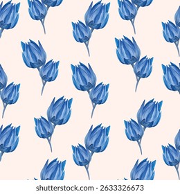 Stunning blue lotus flowers in a seamless pattern on a white background. Perfect for elegant wallpapers, fabrics, and gift wraps. A calming and stylish addition to any design project.