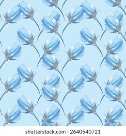Stunning blue lotus flowers in a seamless pattern on a white background. Perfect for elegant wallpapers, fabrics, and gift wraps. A calming and stylish addition to any design project.
