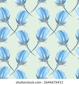Stunning blue lotus flowers in a seamless pattern on a white background. Perfect for elegant wallpapers, fabrics, and gift wraps. A calming and stylish addition to any design project.