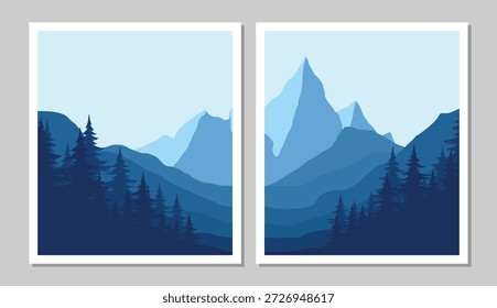 Impresionante paisaje de montaña azul con árboles en estilo de arte moderno