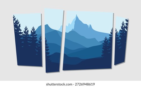 Stunning blue mountain landscape with trees in modern art style