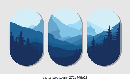 Stunning blue mountain landscape with trees in modern art style
