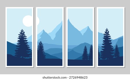 Stunning blue mountain landscape with trees in modern art style