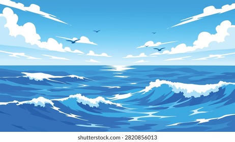 Stunning Blue Ocean Horizon Flat Vector Background With Rolling Waves And Cloudy Sky