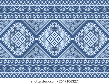 Têxtil tailandês azul impressionante com intrincados motivos geométricos e fronteiras étnicas. Ideal para moda, artesanato e autênticos projetos culturais.