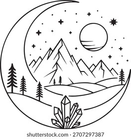 Una impresionante ilustración boho con montañas, estrellas lunares, árboles y cristales en blanco y negro, excelentes fondos para tarjetas o cualquier proyecto gráfico