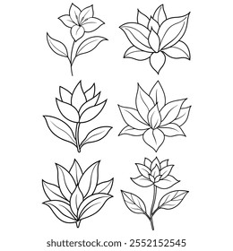 Stunning botanical flower illustrations in line art style, showcasing intricate floral details. Ideal for creative projects, nature-themed artwork, and elegant design concepts