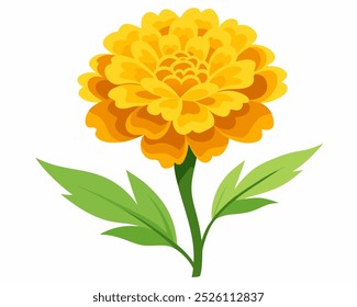 A stunning, bright yellow marigold flower in full bloom, showcasing its vibrant, densely packed petals that radiate outward in a perfectly symmetrical, dome-shaped pattern. The petals are delicately.