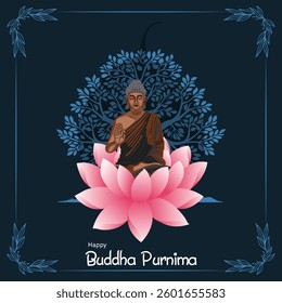 Stunning Buddha Purnima illustration featuring Lord Buddha seated on a blooming pink lotus with a Bodhi tree backdrop, symbolizing enlightenment, peace, and spiritual awakening.