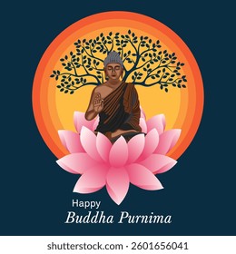 Stunning Buddha Purnima illustration featuring Lord Buddha meditating on a pink lotus with the Bodhi tree and radiant sun, symbolizing enlightenment, peace, and spiritual awakening.