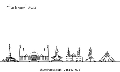 Stunning buildings and architecture of Turkmenistan. Culture of an independent state in Asia. Black and white illustration for different uses. Vector.