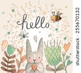 Stunning card with cute Rabbit, butterfly and bee in summer flowers. Awesome background made in watercolor technique. Bright easter concept card with hello text in vector