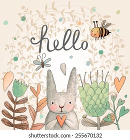 Stunning card with cute Rabbit, butterfly and bee in summer flowers. Awesome background made in watercolor technique. Bright easter concept card with hello text in vector